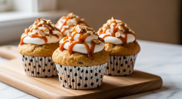A beautifully styled hero shot of three delicious Butter Almond Caramel Banana Muffins, golden brown, in white paper liners with black polka dots, generously topped with fluffy white cream, a rich caramel drizzle, and crunchy chopped almonds. They are artfully arranged on the same wooden cutting board, placed on a clean marble countertop, bathed in soft natural morning light from an east window. The background features warm tones and gentle soft shadows, with a clean and tidy presentation, showcasing the irresistible texture and homemade appeal. No hands.
