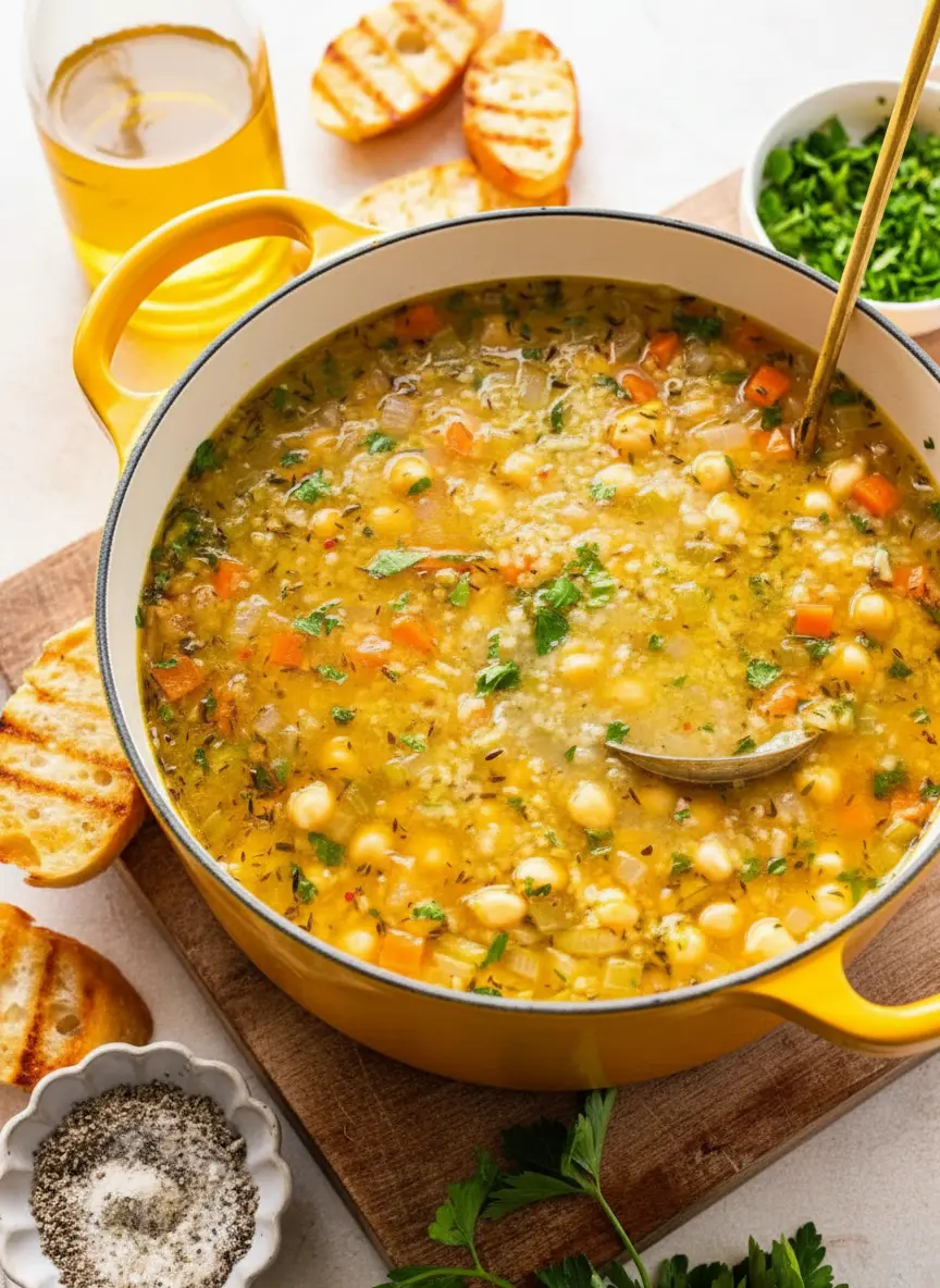A composition of fresh ingredients for Chickpea and Rice Soup on a wooden cutting board, including un-diced yellow onion, whole carrots, celery stalks, a small pile of fresh parsley, and a bowl of dried chickpeas (or unrinsed canned chickpeas). A small container of short-grain white rice is also visible. The scene is set on a marble countertop under natural morning light, with soft shadows and warm tones. NO HANDS OR PEOPLE.