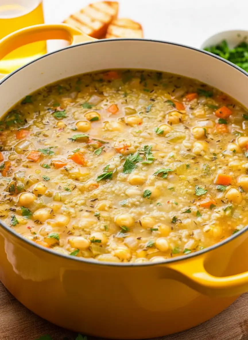 A low-angle shot showing the bright yellow enamel Dutch oven on a stovetop, filled with Chickpea and Rice Soup gently simmering. Steam is subtly rising. The soup shows the distinct textures of chickpeas, rice, diced carrots, and celery, with green flecks of herbs. The background features a minimalist kitchen with marble countertops and hints of fresh herbs. Natural morning light casts soft shadows. NO HANDS OR PEOPLE.