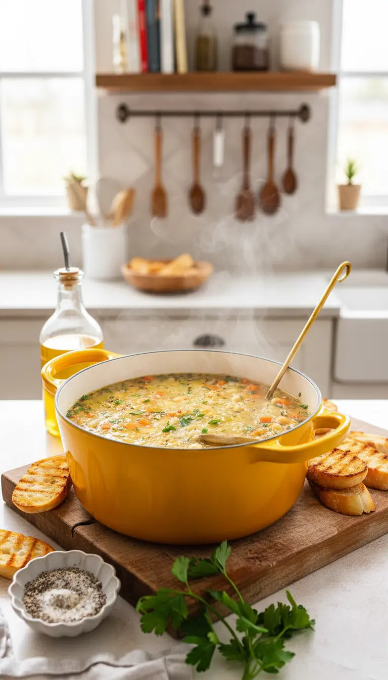 A close-up, inviting shot of a single serving of Chickpea and Rice Soup in a minimalist white ceramic bowl. The soup is richly textured with chickpeas, rice, finely diced vegetables, and a generous sprinkle of fresh chopped parsley on top. A single grilled baguette slice rests on the rim or beside the bowl. The bowl is placed on a wooden cutting board, with a soft linen napkin peeking out. Natural morning light highlights the textures and warm tones. NO HANDS OR PEOPLE.