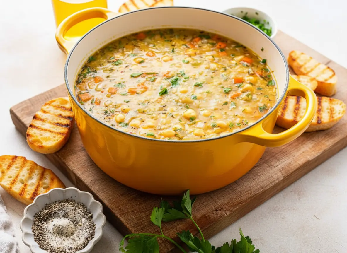 An overhead shot of a vibrant yellow enamel Dutch oven filled with hearty Chickpea and Rice Soup. The soup features tender white chickpeas, small grains of white rice, finely diced orange carrots, light green celery, and is generously garnished with bright green chopped fresh parsley and hints of dried thyme. A golden serving spoon is partially submerged in the soup. The Dutch oven is centered on a wooden cutting board, with a bottle of golden olive oil, a small white ceramic bowl of extra chopped parsley, and several pieces of golden-brown grilled baguette slices arranged artfully around it. The background is a clean, bright marble countertop bathed in natural morning light, with soft shadows and warm tones. NO HANDS OR PEOPLE.