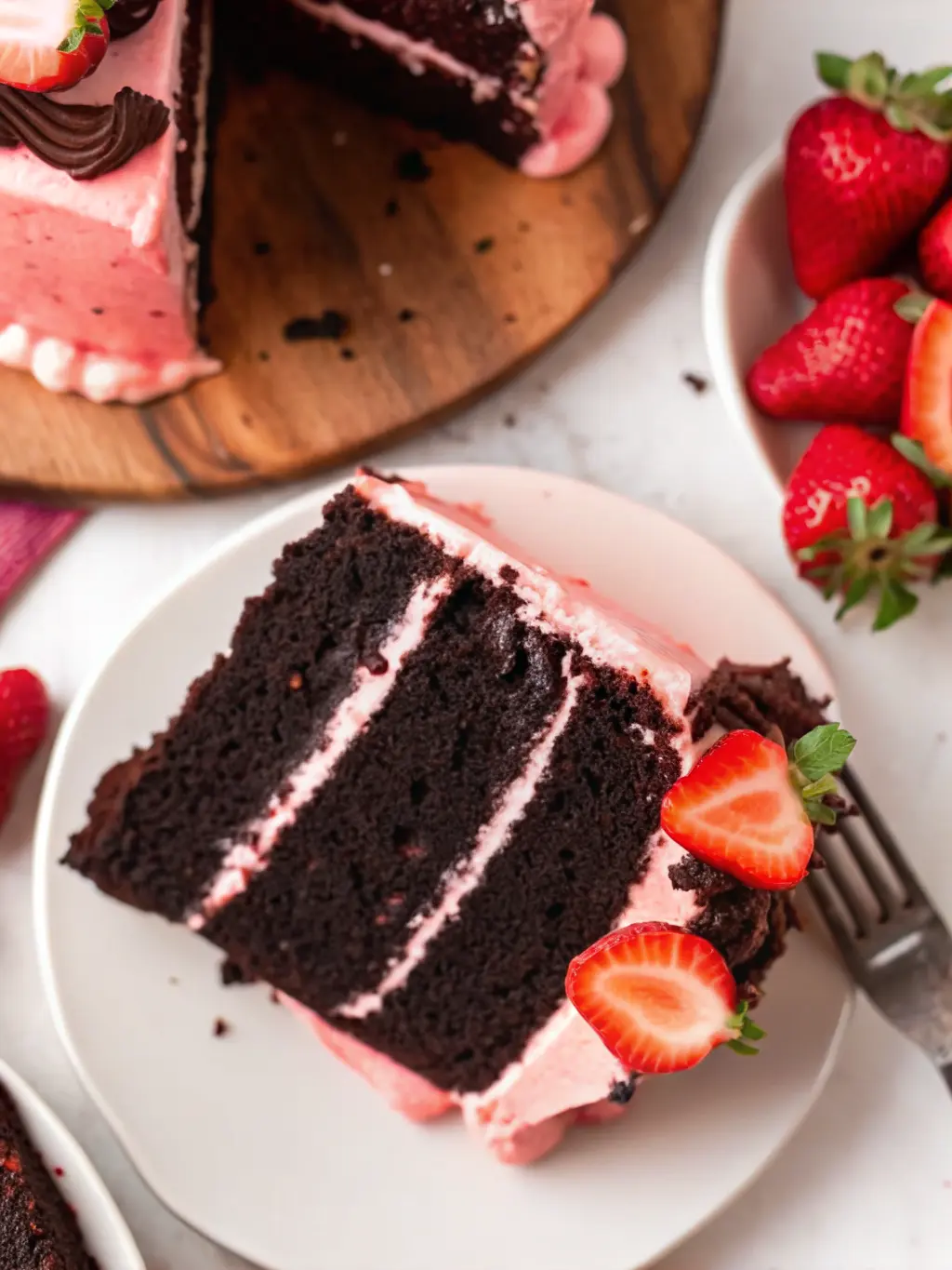 An artistic arrangement of key ingredients for Chocolate Covered Strawberry Cake: a bowl of fresh, vibrant red strawberries, cocoa powder in a ceramic bowl, a block of unsalted butter, and a glass bottle of vanilla extract, all artfully placed on a wooden cutting board on a clean marble countertop under natural morning light. Soft shadows, warm tones, fresh herbs in the background. (3:4 ratio).