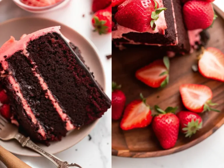 A perfectly sliced piece of Chocolate Covered Strawberry Cake on a rustic wooden plate, featuring distinct dark chocolate cake layers separated by creamy pink strawberry buttercream, topped with a glossy chocolate ganache drip and fresh red strawberries. The background shows a minimalist white ceramic bowl filled with more fresh, vibrant strawberries and a hint of a glass of milk on a light marble countertop. Natural morning light from an east window casts soft shadows. The scene is clean and tidy with warm tones. (4:3 ratio).
