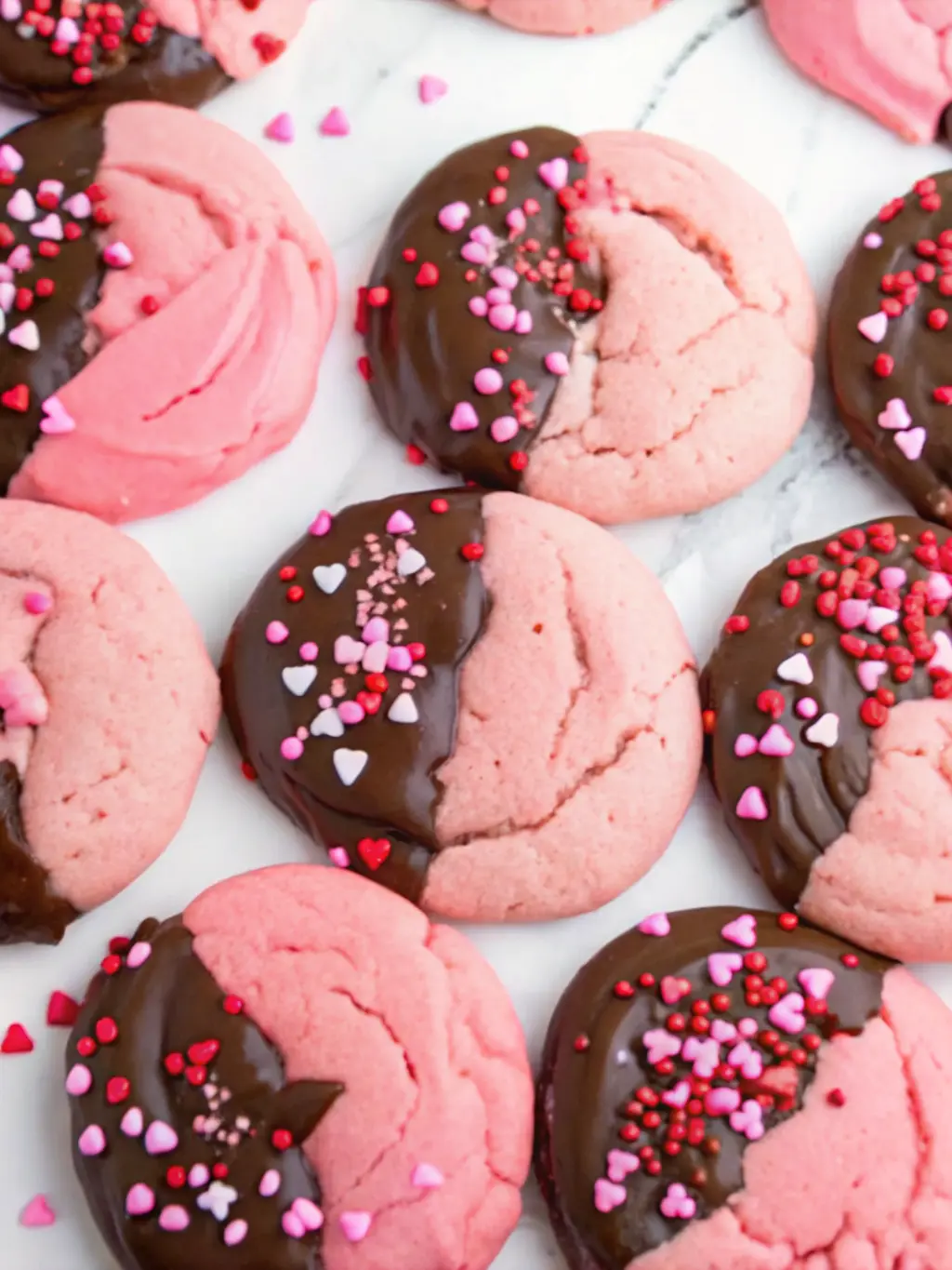 A close-up shot of several unbaked pink cookie dough balls, freshly rolled, waiting on parchment paper on a baking sheet on a light grey marble countertop. Nearby, a small bowl of un-melted dark chocolate chips and heart sprinkles. Soft natural morning light, warm tones, subtle wooden accent and fresh herbs in the background. NO HANDS OR PEOPLE. 3:4 aspect ratio.