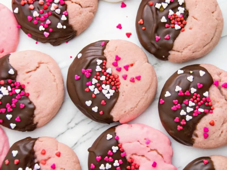 A beautiful spread of pink, crinkly Chocolate Covered Strawberry Cookies, half-dipped in dark chocolate and adorned with vibrant red, pink, and white heart-shaped sprinkles. The cookies are arranged on a clean, light grey marble countertop, with soft natural morning light from an east window. A subtle wooden accent is visible in the background, perhaps a corner of a cutting board, along with a sprig of fresh mint or thyme for a touch of green. Warm tones, soft shadows, clean and tidy presentation. Overhead shot, 4:3 aspect ratio. NO HANDS OR PEOPLE.