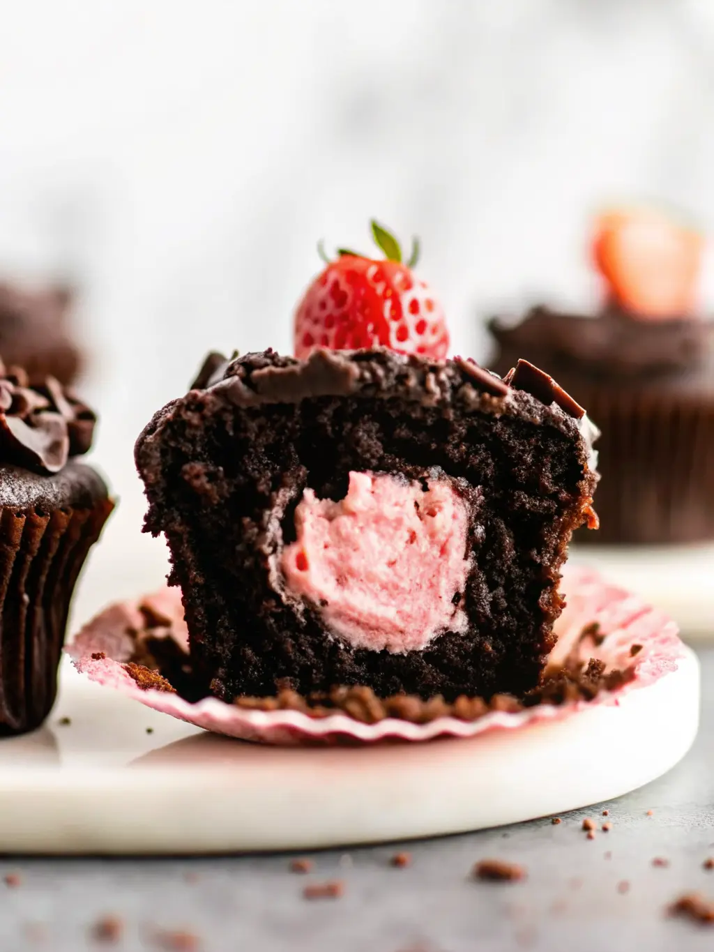 Close-up of neatly arranged ingredients for Chocolate Covered Strawberry Cupcakes on a wooden cutting board set on a marble countertop. Bowls contain fresh, ripe red strawberries, cocoa powder, flour, and chocolate chips. Natural morning light creates soft shadows. Fresh herbs are subtly in the background. (3:4 ratio)