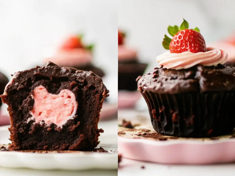 A single chocolate cupcake cut in half, revealing a perfectly formed pink heart-shaped strawberry cream cheese filling inside. The cupcake is topped with a glossy, dark chocolate ganache and a single fresh, bright red strawberry. The cupcake sits on a minimalist white plate on a marble countertop, with soft natural morning light from an east window, casting gentle shadows. The background is clean and tidy, with a subtle wooden accent visible. Warm tones, clean presentation. (4:3 ratio)