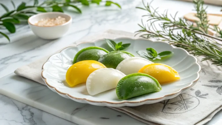 A beautiful arrangement of vibrant green, yellow, and white half-moon shaped Colorful Songpyeon on a minimalist white plate with a delicate floral rim, set on marble countertops, with natural morning light creating soft shadows. Fresh herbs are subtly visible in the background, and the overall presentation is clean and tidy with warm tones, no hands.