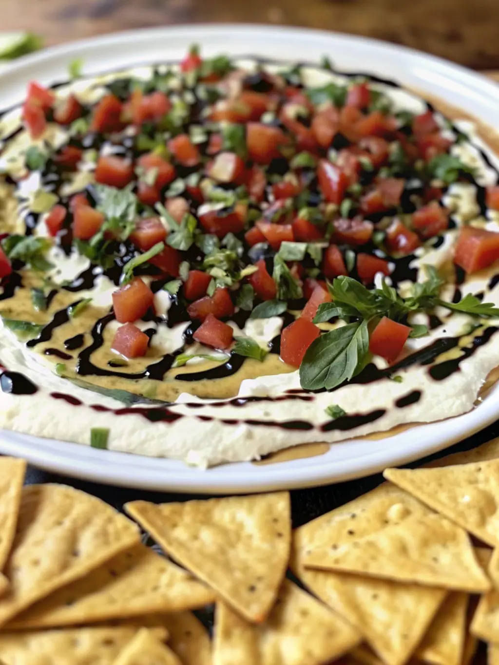 A minimalist white ceramic bowl filled with finely diced red Roma tomatoes and chopped fresh green basil, next to a small bowl of balsamic glaze and a softened block of cream cheese on a wooden cutting board. All on a light marble countertop under natural morning light, with fresh herbs blurred in the background. (3:4 ratio, no hands or people)