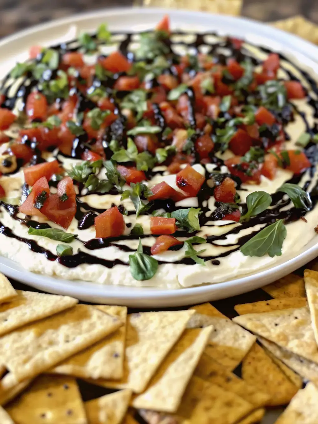 A close-up of the creamy white base of the Bruschetta Dip spread smoothly on a minimalist white ceramic platter, with a spoon gently layering the finely diced red tomatoes and fresh green basil on top. A bottle of balsamic glaze is subtly visible in the soft-focused background. The scene is bathed in natural morning light on a marble countertop. (3:4 ratio, no hands or people)