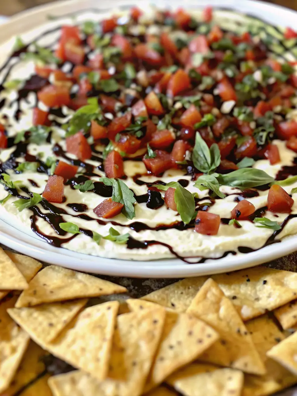 A close-up, slightly angled shot of a portion of the Bruschetta Dip on a minimalist white ceramic platter, highlighting the texture of the creamy base, the juicy red tomatoes, the vibrant green basil, and the glistening dark balsamic glaze. Golden pita chips are artfully arranged around the platter, ready for dipping. On a marble countertop, under soft natural morning light. (3:4 ratio, no hands or people)