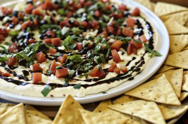 A beautiful overhead shot of the fully assembled Bruschetta Dip, generously topped with finely diced red tomatoes, fresh green basil leaves, and artistic drizzles of dark balsamic glaze, resting on a minimalist white ceramic platter. The platter is placed on a light marble countertop with a subtle wood accent peeking from the side. Soft natural morning light illuminates the scene, creating warm tones and soft shadows. Fresh herbs are blurred in the background, a wooden cutting board partially visible. (4:3 ratio, no hands or people)