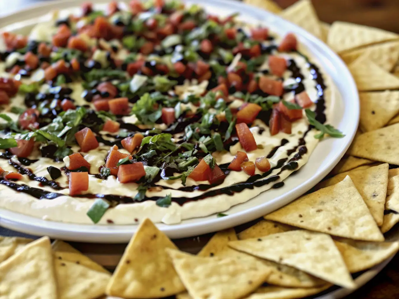 A beautiful overhead shot of the fully assembled Bruschetta Dip, generously topped with finely diced red tomatoes, fresh green basil leaves, and artistic drizzles of dark balsamic glaze, resting on a minimalist white ceramic platter. The platter is placed on a light marble countertop with a subtle wood accent peeking from the side. Soft natural morning light illuminates the scene, creating warm tones and soft shadows. Fresh herbs are blurred in the background, a wooden cutting board partially visible. (4:3 ratio, no hands or people)