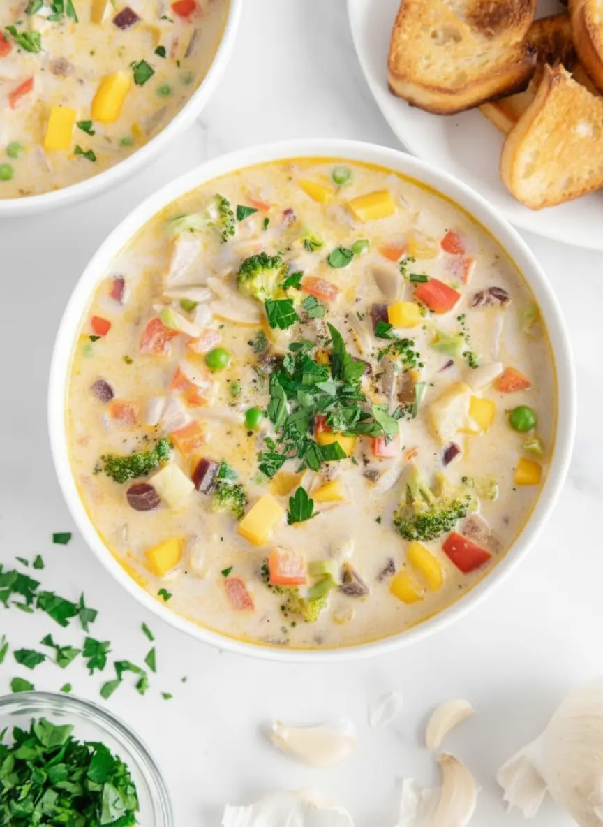 Overhead shot of neatly arranged, vibrant fresh ingredients for One-Pot Vegetable Orzo Soup on a well-loved wooden cutting board, sitting on a white marble countertop. Includes fresh broccoli florets, diced red and yellow bell peppers, green peas, diced red onion, dried orzo pasta in a small ceramic bowl, a carton of plant-based milk, a bunch of fresh parsley, and garlic cloves. Natural morning light, soft shadows, warm tones, clean and tidy presentation. No hands. (3:4 ratio)