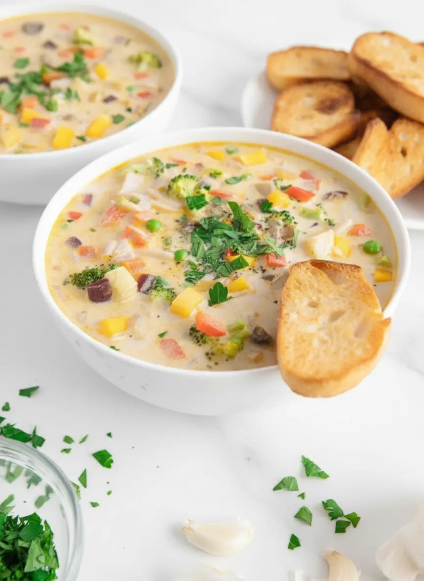 Close-up shot capturing the creamy texture of the One-Pot Vegetable Orzo Soup gently simmering in a sleek, minimalist white ceramic pot on a marble countertop. The orzo pasta is visibly cooking down with colorful vegetables (broccoli, bell peppers, peas, red onion), stirring slightly. Steam rises gently. Natural morning light from an east window, soft shadows, warm tones, clean and tidy presentation. No hands. (3:4 ratio)