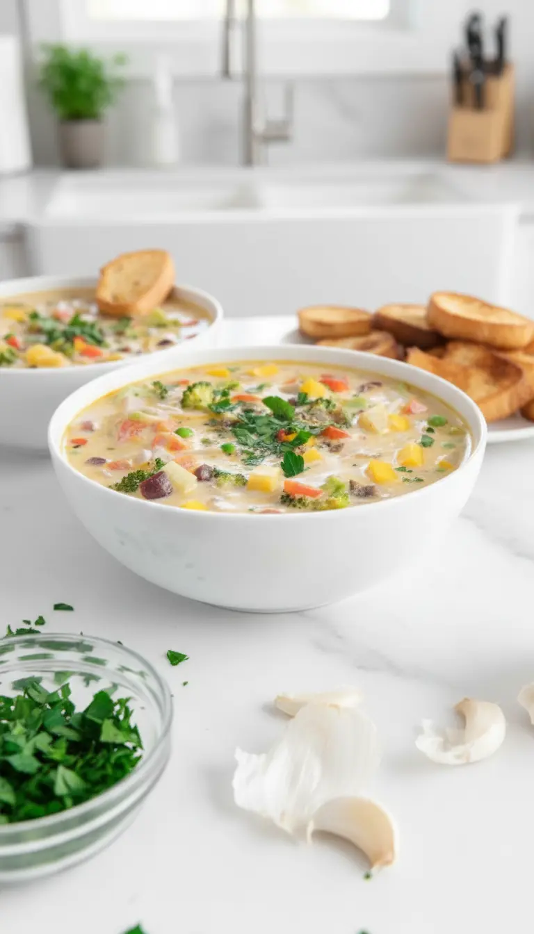 Low-angle, close-up shot focusing on the rich, creamy texture and colorful vegetables within a serving of the One-Pot Vegetable Orzo Soup in a white ceramic bowl. Visible are tender orzo, bright green broccoli, red and yellow bell pepper chunks, green peas, and diced red onion, with a generous sprinkle of fresh parsley on top. The background shows a soft-focus marble countertop with a hint of a wooden accent. Natural morning light, soft shadows, warm tones, clean and tidy presentation. No hands. (3:4 ratio)