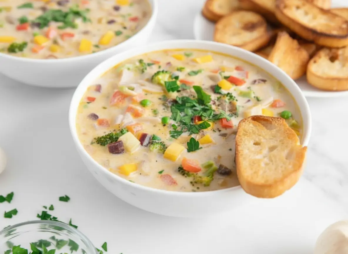 Overhead shot of a white ceramic bowl filled with creamy One-Pot Vegetable Orzo Soup, featuring vibrant green broccoli florets, diced red and yellow bell peppers, green peas, small purple diced vegetables (red onion), and white orzo pasta, garnished generously with fresh chopped parsley. A toasted baguette slice rests on the bowl's edge, with more baguette slices on a minimalist white plate in the soft-focused background. Shot on a clean white marble countertop, bathed in natural morning light from an east window, with soft shadows and warm tones. Clean and tidy presentation. No hands.