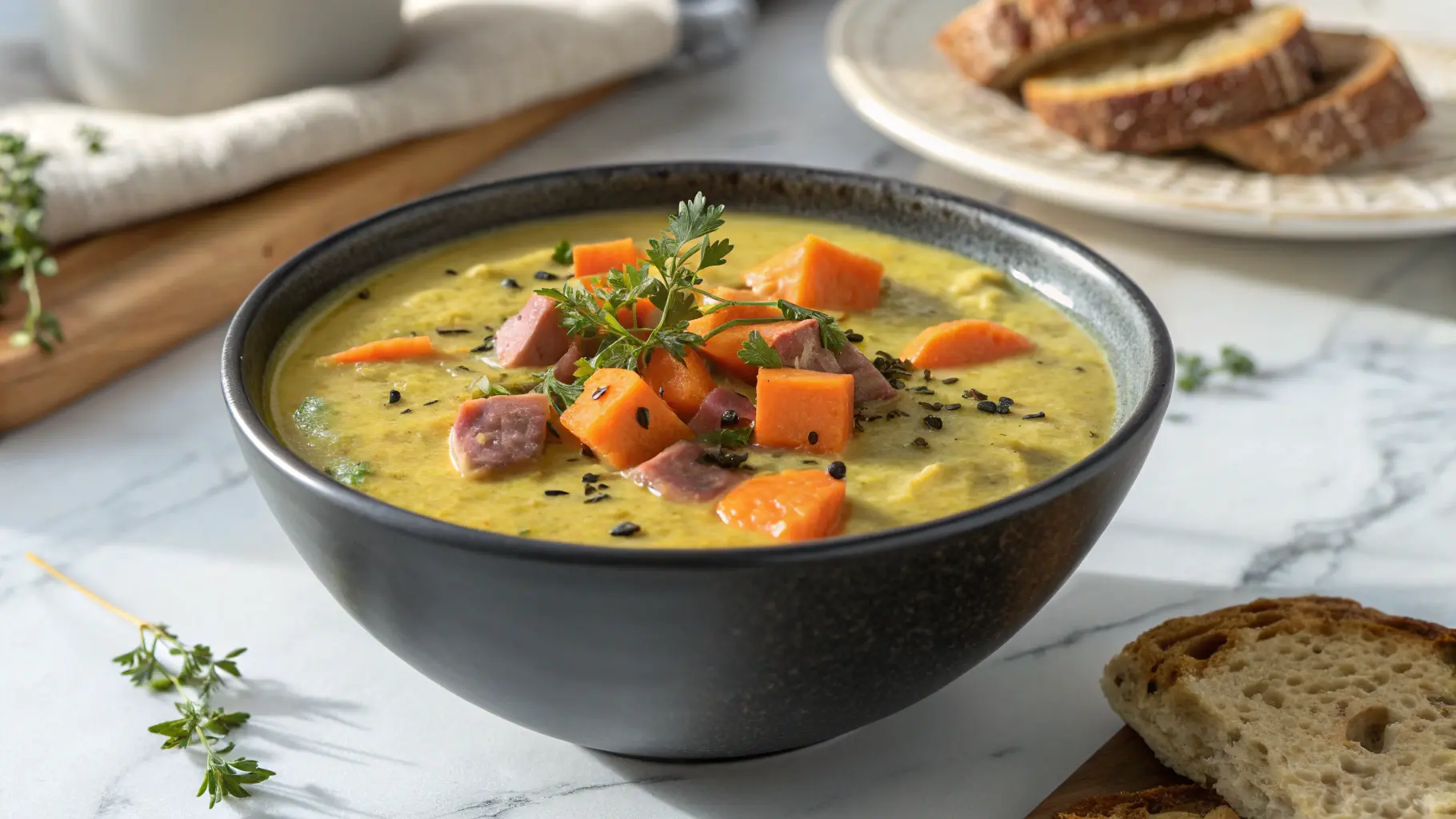 A mouth-watering close-up of a dark ceramic bowl filled with creamy, thick, yellowish-green soup, visibly chunky with diced bright orange carrots and darker meat pieces (looks like ham or chicken). Fresh green herbs (thyme or parsley) and black pepper are sprinkled generously on top. The bowl is centrally placed on a marble countertop with subtle wood accents, bathed in natural morning light from an east window, casting soft shadows. Slices of rustic bread are blurred in the background on a minimalist white plate. No hands. (16:9 aspect ratio)