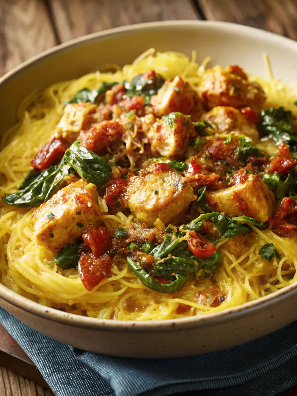 Raw ingredients for Tuscan chicken and spaghetti squash: a whole halved spaghetti squash, chicken breasts diced on a wooden cutting board, a pile of fresh spinach, sun-dried tomatoes in a small bowl, garlic cloves, and a small bunch of fresh chives. All arranged cleanly on a marble countertop under natural morning light, with soft shadows and warm tones. (3:4 ratio), no hands, no people