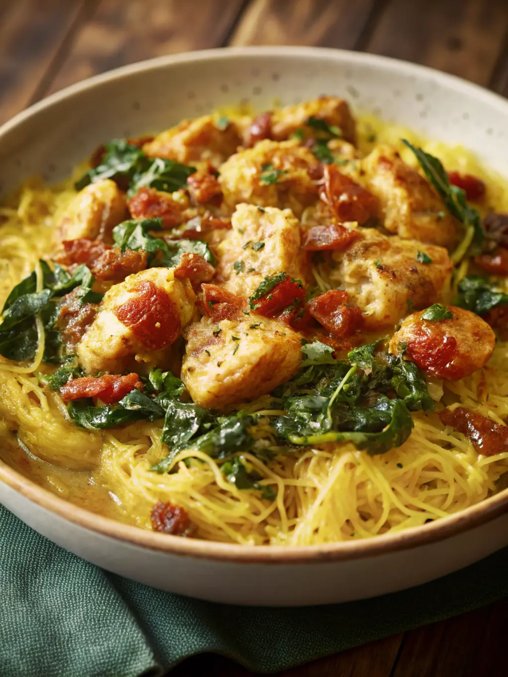 Process shot of chicken searing in a cast iron skillet on a clean stovetop, with golden-brown chicken pieces visible. A wooden spoon rests beside the pan, and the background shows a subtle blur of the kitchen's warm, tidy aesthetic with natural morning light, marble countertop visible. (3:4 ratio), no hands, no people
