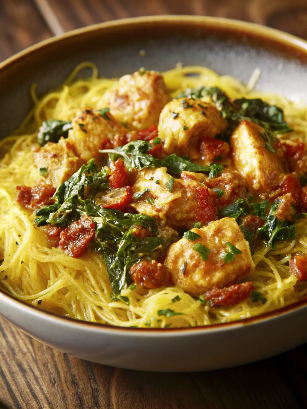 Close-up, top-down view of the creamy Tuscan chicken and spaghetti squash dish in the light ceramic bowl, showcasing the glistening orange-hued sauce coating the spaghetti squash, chicken, spinach, and sun-dried tomatoes. The distinct texture of the squash strands and the vibrant colors are highlighted, garnished with fresh chives and black pepper. The bowl is on a wooden surface with natural morning light. (3:4 ratio), no hands, no people