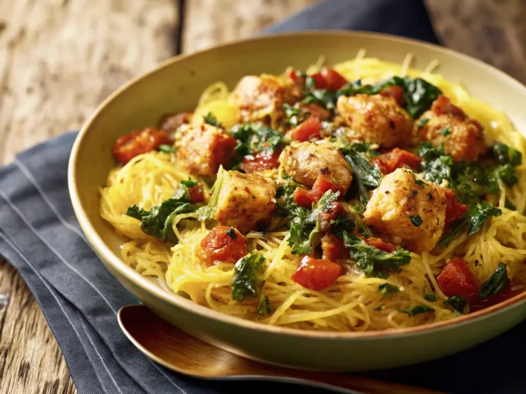 A generously filled light ceramic bowl of creamy Tuscan chicken and spaghetti squash, showing golden spaghetti squash strands, chunky seared chicken, dark green wilted spinach, vibrant red sun-dried tomatoes, and a glossy orange-hued sauce. Fresh green herbs and black pepper are sprinkled on top. The bowl sits on a natural wooden cutting board, with soft shadows and warm tones from natural morning light. In the background, a hint of marble countertop and fresh herbs in a simple vase. (4:3 ratio), no hands, no people