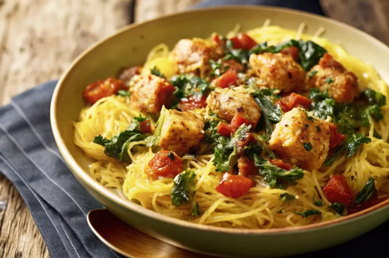 A generously filled light ceramic bowl of creamy Tuscan chicken and spaghetti squash, showing golden spaghetti squash strands, chunky seared chicken, dark green wilted spinach, vibrant red sun-dried tomatoes, and a glossy orange-hued sauce. Fresh green herbs and black pepper are sprinkled on top. The bowl sits on a natural wooden cutting board, with soft shadows and warm tones from natural morning light. In the background, a hint of marble countertop and fresh herbs in a simple vase. (4:3 ratio), no hands, no people