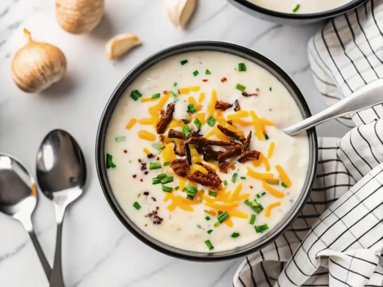 An overhead shot (4:3 ratio) of two minimalist black ceramic bowls filled with Creamy Vegan Loaded Baked Potato Soup. The soup is creamy off-white with visible green flecks of chives, generously topped with shredded orange vegan cheddar cheese, dark crispy caramelized onions or vegan bacon bits, and a dollop of white vegan sour cream. A silver spoon is in one bowl. The bowls are arranged on a clean, bright white marble countertop. Rustic garlic cloves and a small dark stone bowl of whole black peppercorns rest on a distressed white wooden cutting board in the background. Natural morning light casts soft shadows. The overall tone is warm and inviting, clean and tidy.