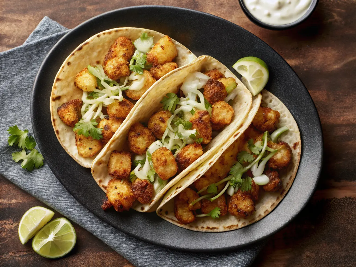 A captivating 4:3 overhead shot of three deliciously appealing Crispy Chicken And Potato Tacos on a dark grey minimalist dinner plate, nestled on a warm wooden surface with soft shadows. The tacos are generously filled with golden-brown spiced potatoes and tender shredded chicken, topped with fresh, crisp shredded cabbage and vibrant green cilantro. A small ceramic bowl of creamy white lime sauce and two bright green lime wedges sit beside them. The scene is bathed in natural morning light from an east window, highlighting the rich textures and warm tones of the food and the tidy presentation of the kitchen. No hands visible.