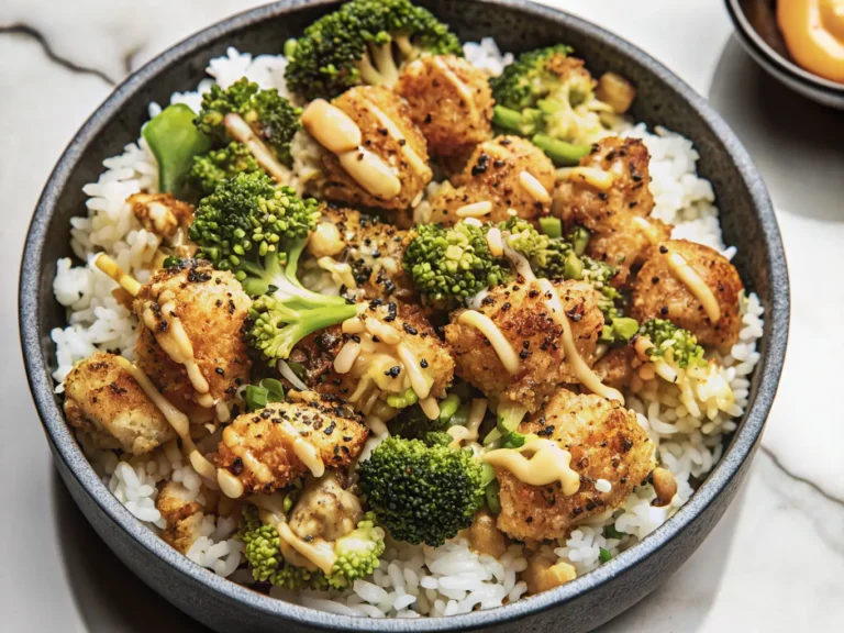 A mouth-watering 4:3 overhead shot of a Crispy Chicken Rice Bowl, presented in a dark ceramic bowl. The bowl is filled with fluffy white rice, generously topped with golden brown, crispy chicken pieces and bright green broccoli florets. A luscious creamy orange sauce is artfully drizzled over everything, finished with a scattering of fresh green onions and a mix of black and white sesame seeds. The scene is bathed in natural morning light from an east window, casting soft shadows on a clean marble countertop, with warm tones enhancing the delicious appeal of the dish. No hands or people visible.