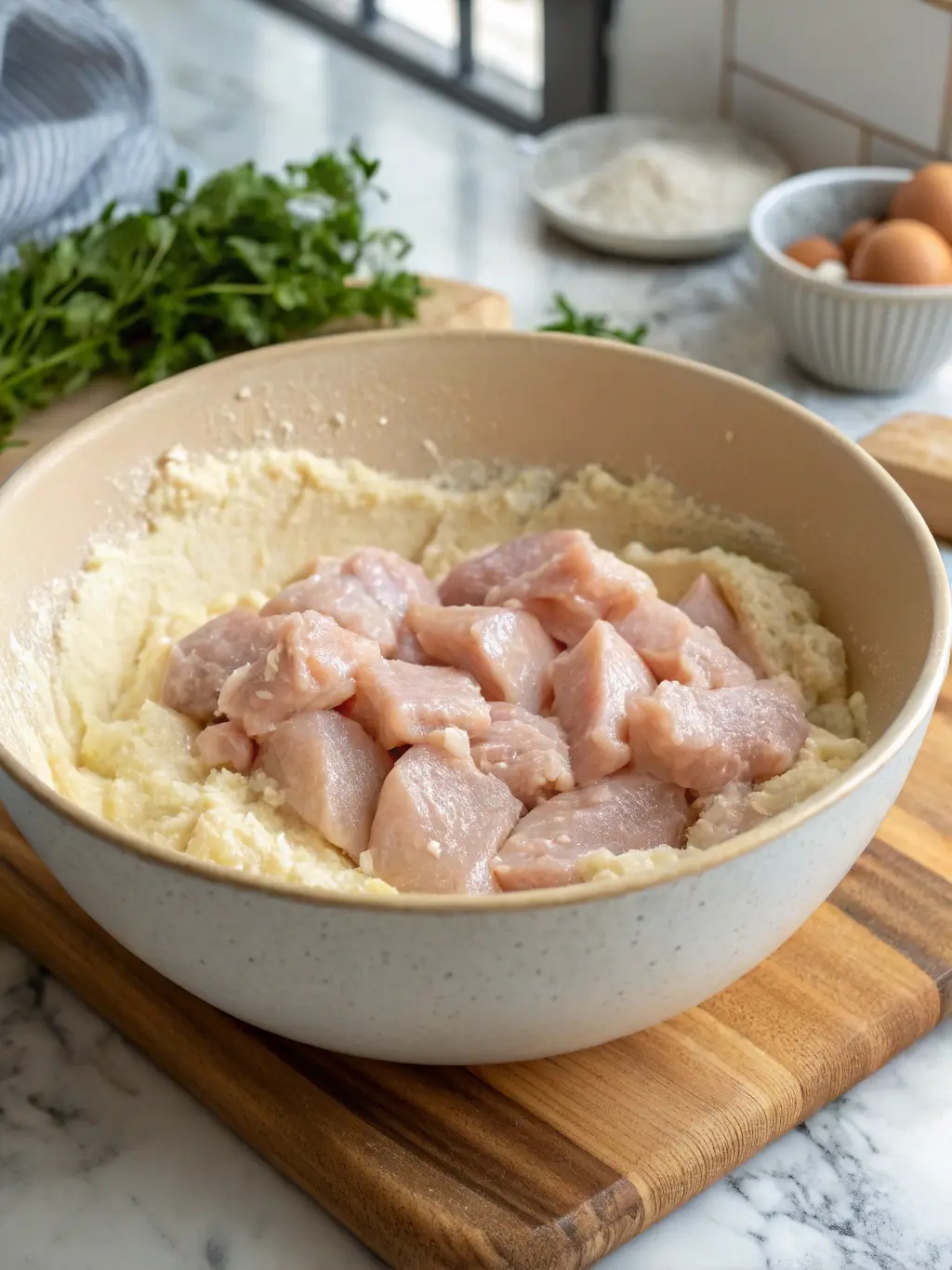 A 3:4 close-up shot of raw chicken pieces being tossed in a thick, lumpy potato starch batter in a large ceramic mixing bowl on a wooden cutting board on a marble countertop. Natural morning light highlights the textural contrast. Fresh herbs are visible subtly in the background, hinting at the clean kitchen environment. No hands or people visible.