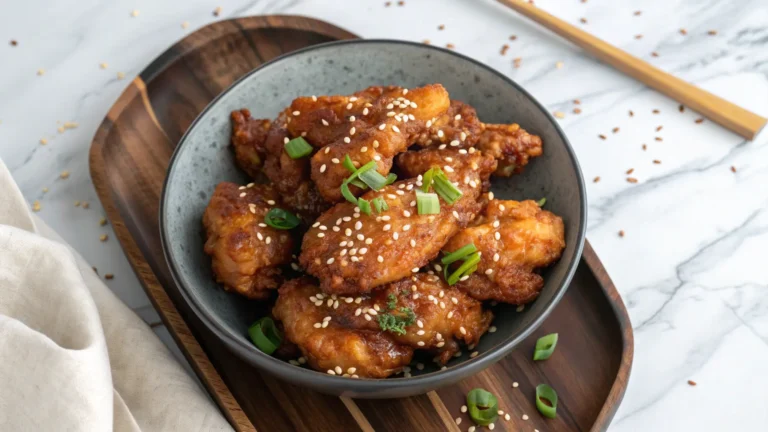 A beautifully styled 16:9 overhead shot of a generous serving of irresistibly golden brown, crispy Korean fried chicken, adorned with white sesame seeds and chopped green onions, piled high in a minimalist dark ceramic bowl on a light marble countertop with a subtle wood accent in the soft morning light. The chicken has a delicious glossy finish from the sweet and spicy sauce, showcasing its crunchy texture. Soft shadows create depth, emphasizing the clean and tidy presentation of this insanely yummy dish. No hands or people visible.