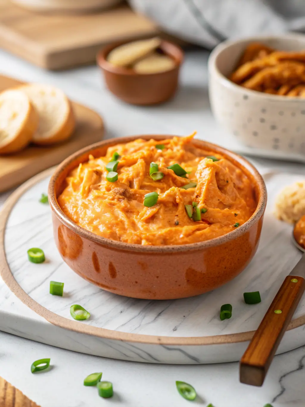 A neatly arranged flat lay of all ingredients for Crockpot Buffalo Chicken Dip: a bowl of shredded cooked chicken, softened cream cheese block, bottle of buffalo wing sauce, bottle of ranch dressing, a mound of shredded sharp cheddar cheese, and small bowls with garlic and onion powder. All are placed on a wooden cutting board on a marble countertop, under natural morning light with soft shadows. Fresh herbs are subtly in the background. NO HANDS. (3:4 ratio)
