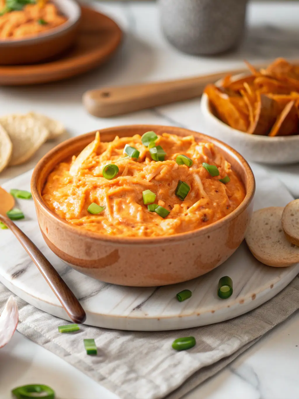 A view inside a dark slow cooker, showing the creamy, orange Crockpot Buffalo Chicken Dip being gently stirred with a wooden spoon (no hand holding spoon), revealing the melted cheese and shredded chicken strands. The slow cooker sits on a marble countertop with a subtle wood accent. Natural morning light illuminates the rich texture. NO HANDS. (3:4 ratio)