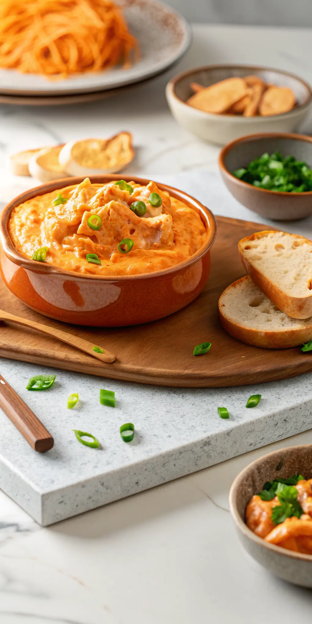A close-up, inviting shot of the finished Crockpot Buffalo Chicken Dip, showing its rich, creamy, orange texture with visible melted cheese pull and shredded chicken fibers. The dip is in a minimalist ceramic white bowl on a wooden cutting board. A single, plain tortilla chip is delicately placed on the rim of the bowl, lightly touching the dip. Natural morning light, soft shadows, warm tones. Fresh chives are scattered nearby. NO HANDS. (3:4 ratio)