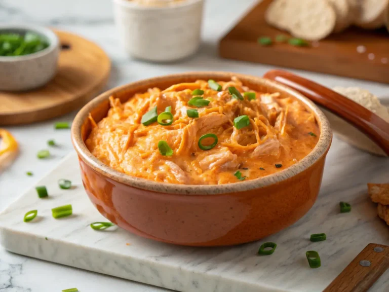 A vibrant, close-up hero shot of creamy, orange Crockpot Buffalo Chicken Dip, with visible shredded chicken and melted cheese texture. It's in a rustic ceramic serving bowl on a light marble countertop, with a subtle wooden accent board in the background. Natural morning light creates soft shadows and warm tones. Fresh green chives are lightly sprinkled on top. NO HANDS. (4:3 ratio)
