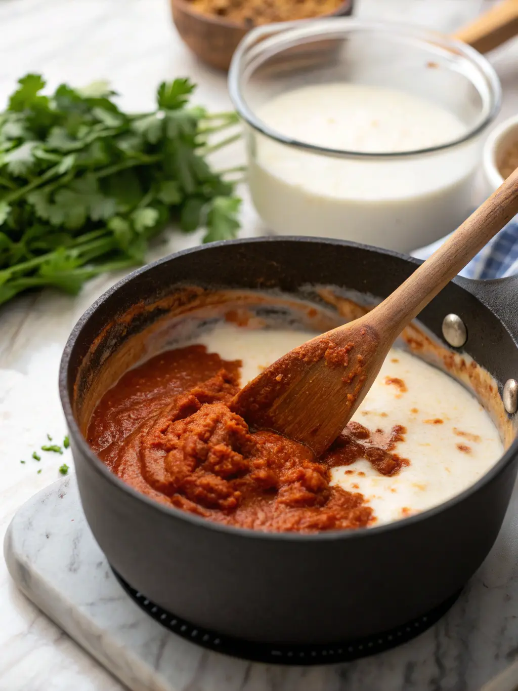 A close-up (3:4 aspect ratio) of vibrant red curry paste being stirred into creamy coconut milk in a rustic saucepan on a stovetop, capturing an in-process moment before transferring to the crockpot. The scene is set on a marble countertop with natural morning light and subtle soft shadows, with a fresh bunch of cilantro visible in the background.