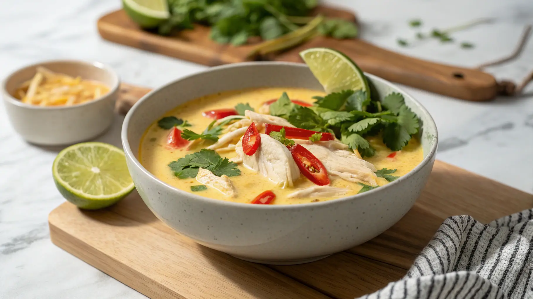 A beautiful, wide shot (16:9 aspect ratio) of a creamy, yellow Crockpot Thai Coconut Chicken Soup in a minimalist ceramic bowl, generously garnished with vibrant red chilies, fresh green cilantro, and bright lime wedges. The soup features tender, shredded chicken pieces. It rests on a clean marble countertop with a subtle wood accent from a cutting board in the soft-focused background, bathed in natural morning light from an east window, casting soft shadows.