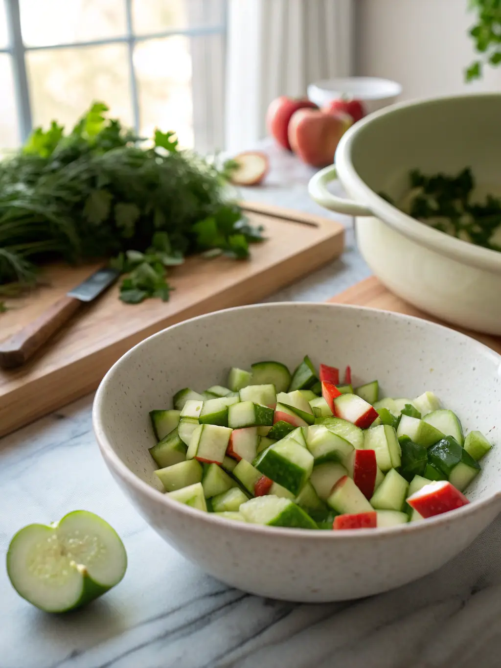 A 3:4 close-up shot of crisp, diced green cucumbers and bright green apple pieces (some with red peel showing) being gently tossed in a large minimalist ceramic mixing bowl on a clean marble countertop. The scene is bathed in natural morning light from an east window, highlighting the fresh textures. Fresh herbs are visible in the background, along with a glimpse of the wooden cutting board. The image evokes a sense of refreshing deliciousness and simple prep.