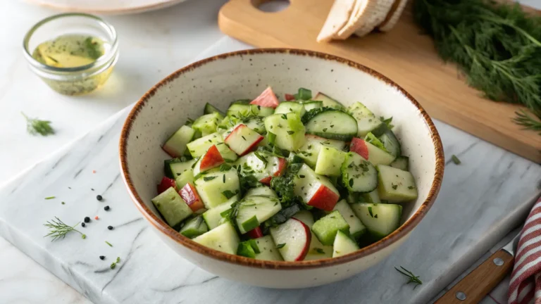 A stunning, wide-angle overhead shot of a generous serving of crisp cucumber apple salad in a minimalist ceramic bowl with a rustic brown rim. The salad features evenly diced green cucumbers, bright green apple pieces (some showing a hint of red skin), and finely chopped fresh green herbs, all glistening with a light dressing and sprinkled with black pepper. The bowl sits on a clean marble countertop with soft morning light from an east window casting warm tones and gentle shadows. A corner of a wooden cutting board is subtly visible in the background, alongside fresh herbs in a small glass. Clean and tidy presentation, delicious and refreshing appeal.