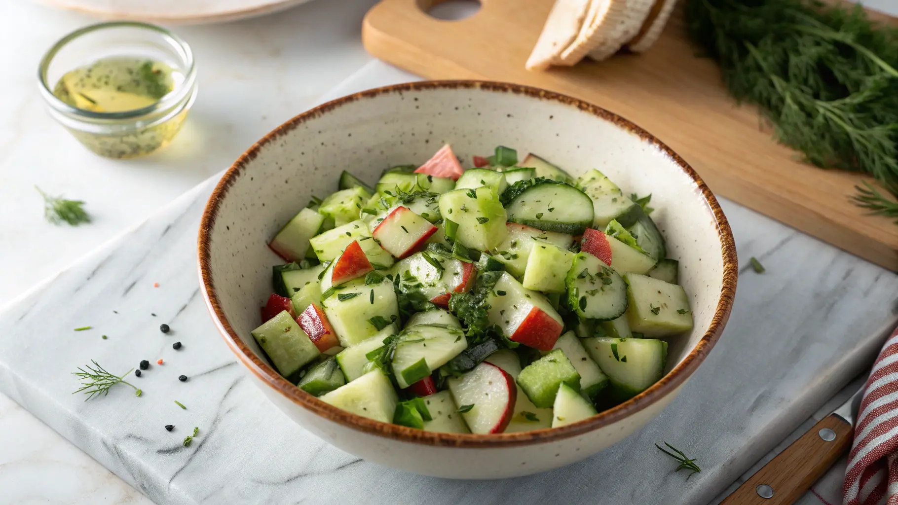 A stunning, wide-angle overhead shot of a generous serving of crisp cucumber apple salad in a minimalist ceramic bowl with a rustic brown rim. The salad features evenly diced green cucumbers, bright green apple pieces (some showing a hint of red skin), and finely chopped fresh green herbs, all glistening with a light dressing and sprinkled with black pepper. The bowl sits on a clean marble countertop with soft morning light from an east window casting warm tones and gentle shadows. A corner of a wooden cutting board is subtly visible in the background, alongside fresh herbs in a small glass. Clean and tidy presentation, delicious and refreshing appeal.