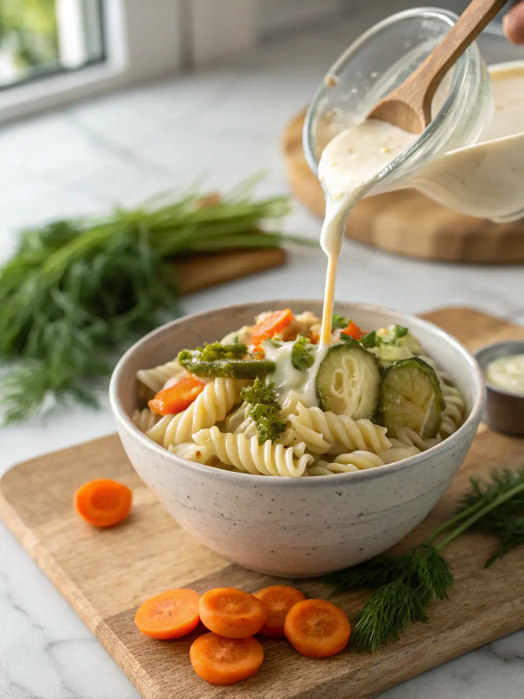 A 3:4 close-up shot focusing on the creamy dressing being tossed with the cooked rotini pasta, vibrant green pickle slices, and small orange carrot rounds in a ceramic mixing bowl. The scene is bathed in natural morning light from an east window, with soft shadows. A wooden cutting board and fresh dill sprigs are softly blurred in the background on a marble countertop, conveying a sense of genuine love for the cooking process without any visible hands.