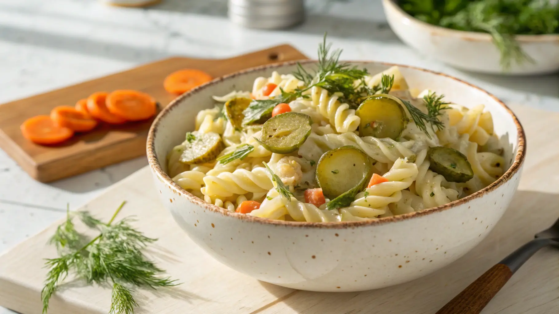 A beautifully styled 16:9 overhead shot of a creamy Dill Pickle Pasta Salad in a minimalist white ceramic bowl with a rustic brown rim. The rotini pasta is perfectly coated in a pale yellow, herb-flecked dressing. Visible are vibrant green pickle slices, small orange carrot rounds, and fresh green dill sprigs scattered throughout. The bowl sits on a light marble countertop with a hint of warm wood accent in the background. Soft natural morning light streams from the east window, creating gentle shadows. The overall presentation is clean, tidy, and inviting, emphasizing the deliciousness of the pasta salad.