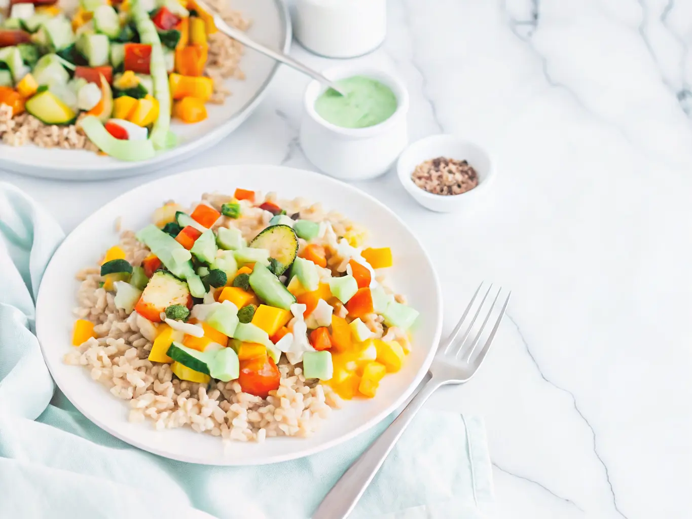 A beautifully styled white plate featuring a base of fluffy brown rice, topped with a colorful medley of roasted and diced zucchini, red bell pepper, yellow bell pepper, and red onion. The dish is generously drizzled with a thick, light green, creamy Green Onion Cashew Sauce. In the background, slightly out of focus, sits a small clear glass jar filled with more of the vibrant green sauce. The scene is set on a pristine white marble countertop with natural morning light creating soft shadows. A few scattered chopped green onions are on the left, and a fork and knife are subtly visible on the right. The overall mood is clean, fresh, and inviting, with a wooden accent subtly visible in the far background.