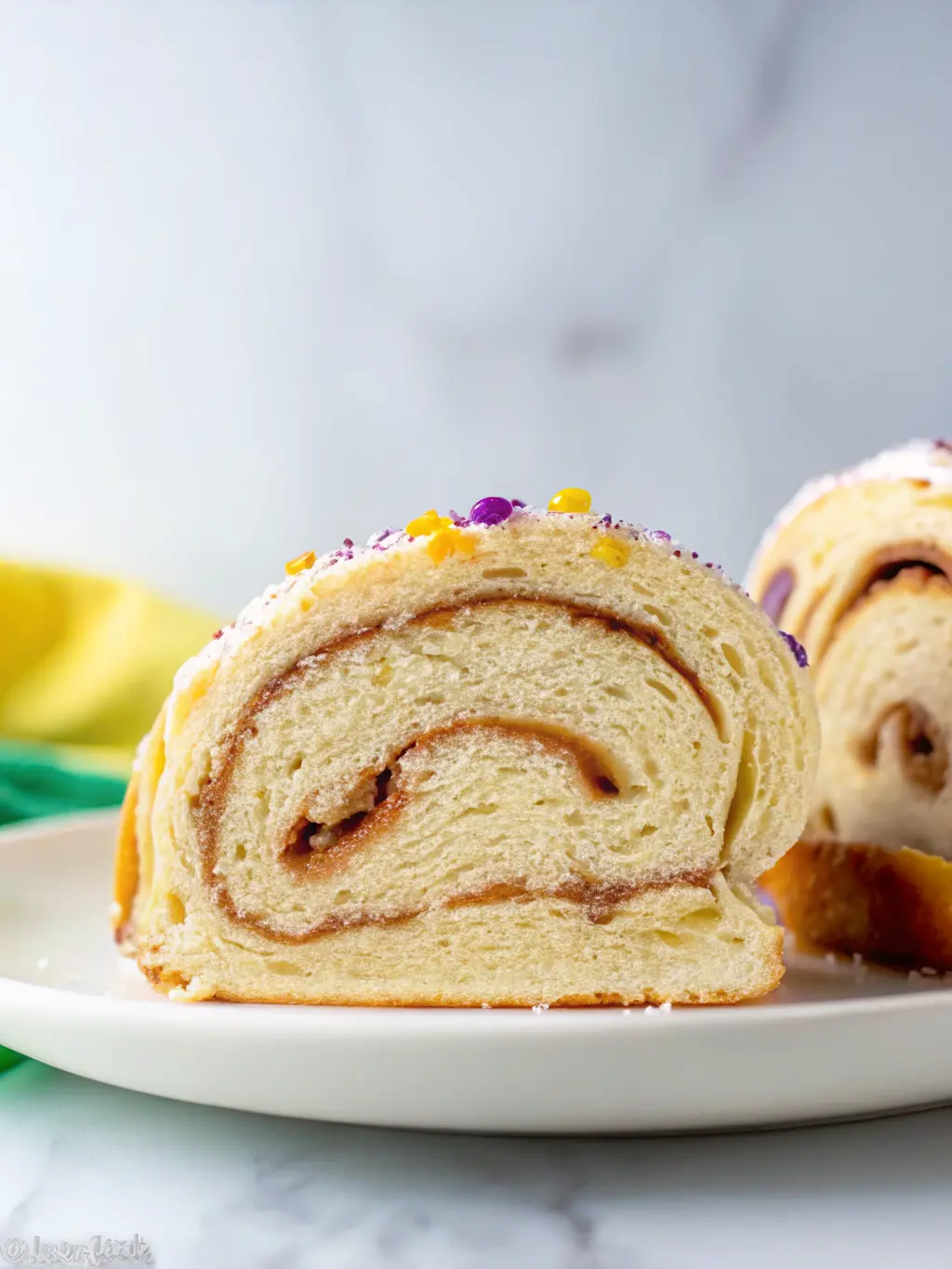 A process shot of the King Cake being glazed. Streams of vibrant purple, green, and yellow icing are being drizzled onto the cooled cake, which is on a wire rack over parchment paper, with a bowl of colorful sprinkles nearby. The setting is a clean marble countertop with soft morning light. (3:4 ratio)