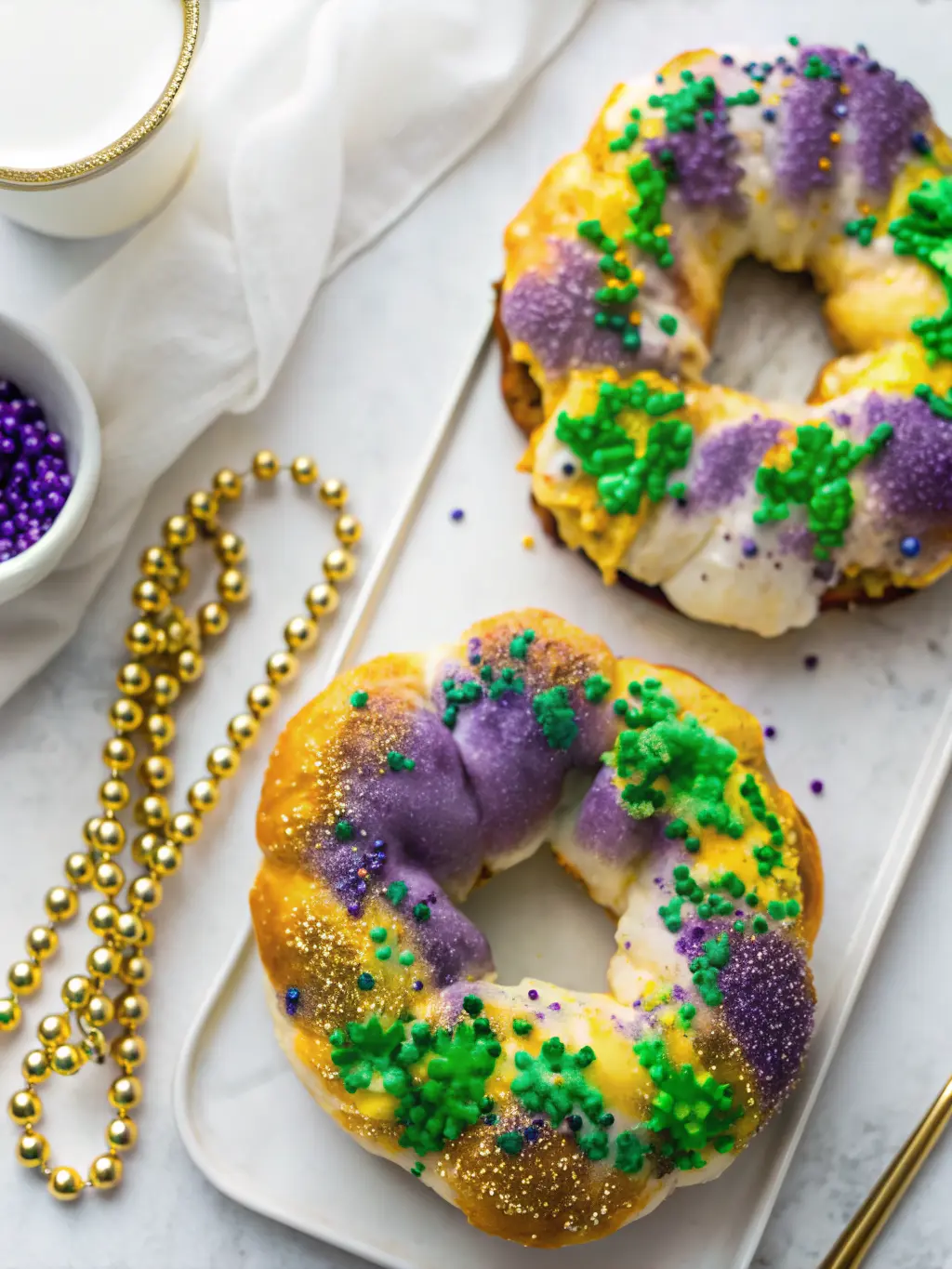A beautiful slice of the finished King Cake, revealing the fluffy interior and cinnamon swirl, resting on a minimalist white plate. The remainder of the vibrantly glazed cake is visible in the background, adorned with Mardi Gras colors and sprinkles. The shot is on a marble countertop with wood accents, illuminated by natural morning light, with a sprig of fresh herbs. (3:4 ratio)