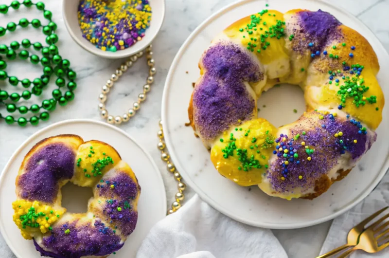A top-down, wide shot of a ring-shaped King Cake, generously glazed in vibrant purple, green, and yellow colors with an abundance of festive sprinkles and sugar. The cake is resting on crumpled white parchment paper. Mardi Gras beads in gold, green, and purple are loosely scattered around the cake, with hints of minimalist white plates and a gold spoon on marble countertops, all bathed in soft natural morning light from an east window. The background features subtle wood accents and fresh herbs. (4:3 ratio)