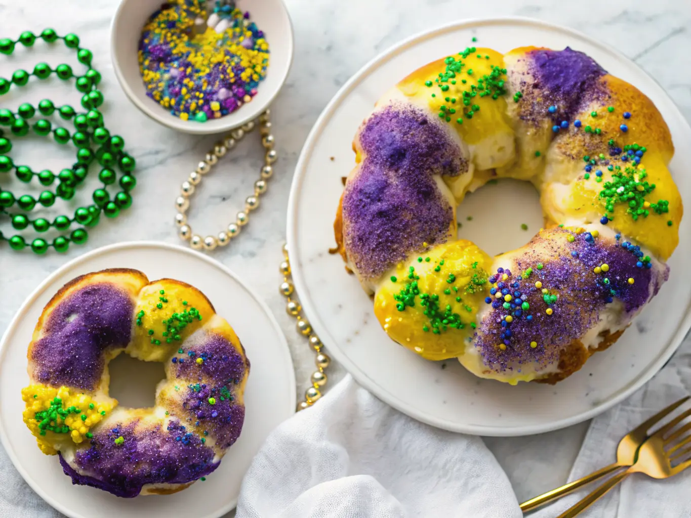 A top-down, wide shot of a ring-shaped King Cake, generously glazed in vibrant purple, green, and yellow colors with an abundance of festive sprinkles and sugar. The cake is resting on crumpled white parchment paper. Mardi Gras beads in gold, green, and purple are loosely scattered around the cake, with hints of minimalist white plates and a gold spoon on marble countertops, all bathed in soft natural morning light from an east window. The background features subtle wood accents and fresh herbs. (4:3 ratio)
