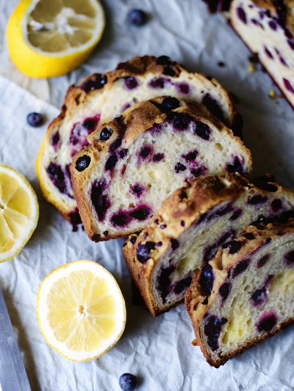 A minimalist, overhead shot of key ingredients for Lemon Blueberry Sourdough Bread: a bowl of bubbly sourdough starter, fresh blueberries in a ceramic bowl, a whole lemon, and a bag of bread flour, all neatly arranged on a wooden cutting board on a white marble countertop. Natural morning light from an east window, soft shadows, warm tones, clean and tidy presentation. No hands or people. (3:4 aspect ratio)