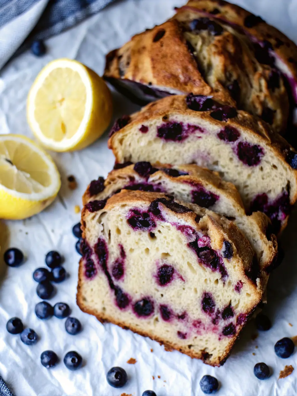 A close-up of a partially proofed Lemon Blueberry Sourdough Bread dough in a banneton, showing some visible blueberries peeking through the surface, ready for baking. The banneton rests on a wooden cutting board on a white marble countertop, with a subtle hint of fresh lemon thyme in the soft-focus background. Natural morning light from an east window, soft shadows, warm tones, clean and tidy presentation. No hands or people. (3:4 aspect ratio)